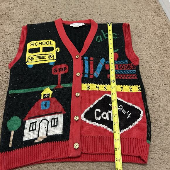 Sweater Loft Vintage School Teacher Knit Vest Size Small Bus Chalkboard Books - Picture 2 of 6